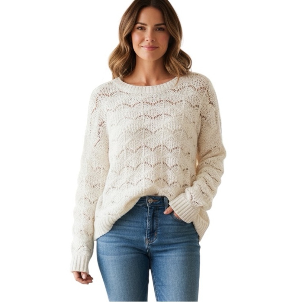 Vero Moda Cream Knit Sweater Size M Textured Open Knit Pullover Boho Cozy